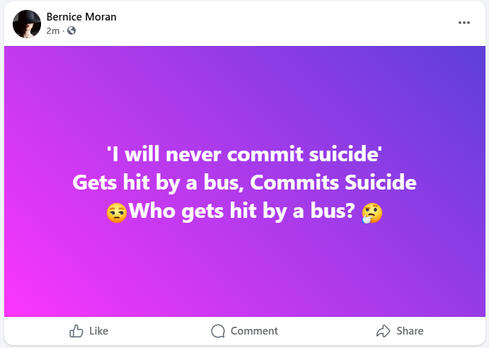 I will never commit suicide, gets hit by bus, commits suicide, who gets hit by a bus?